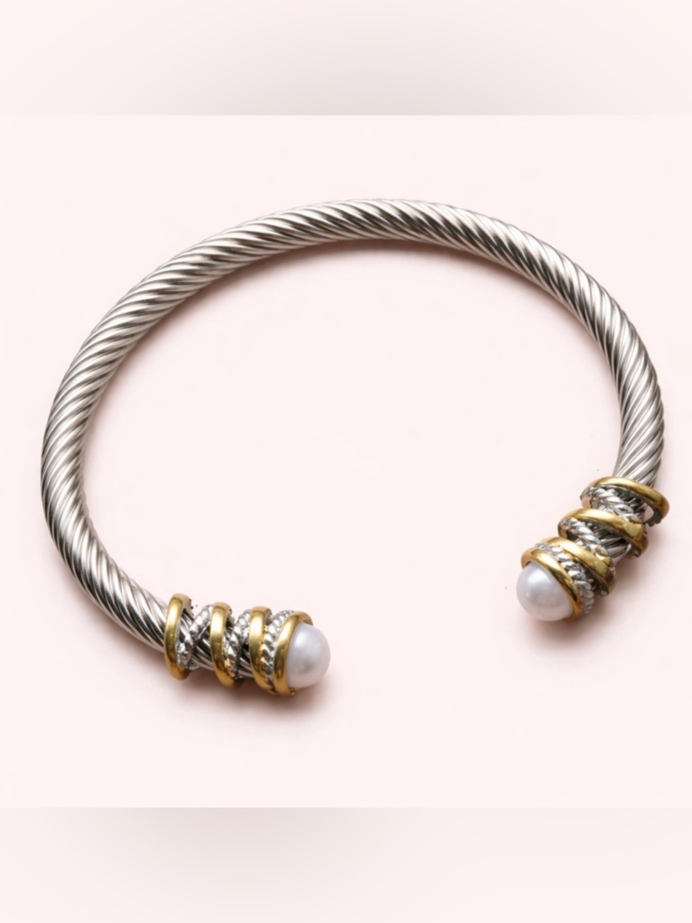 Twisted Cable Wire Pearl Bracelet Gold Silver Cuff Bangle